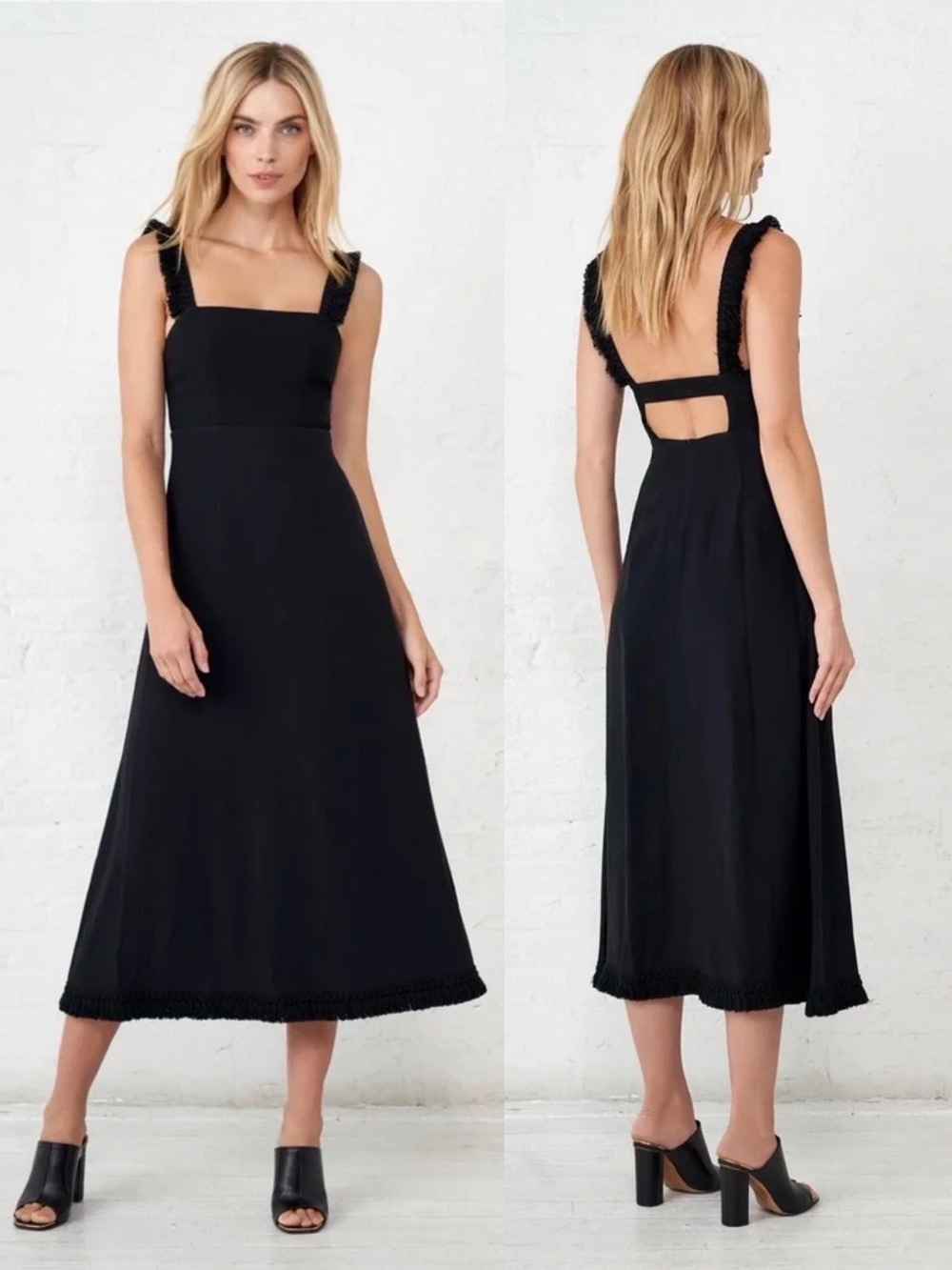 La Ligne • La Frange Dress black midi fringe strap cut out back minimalist